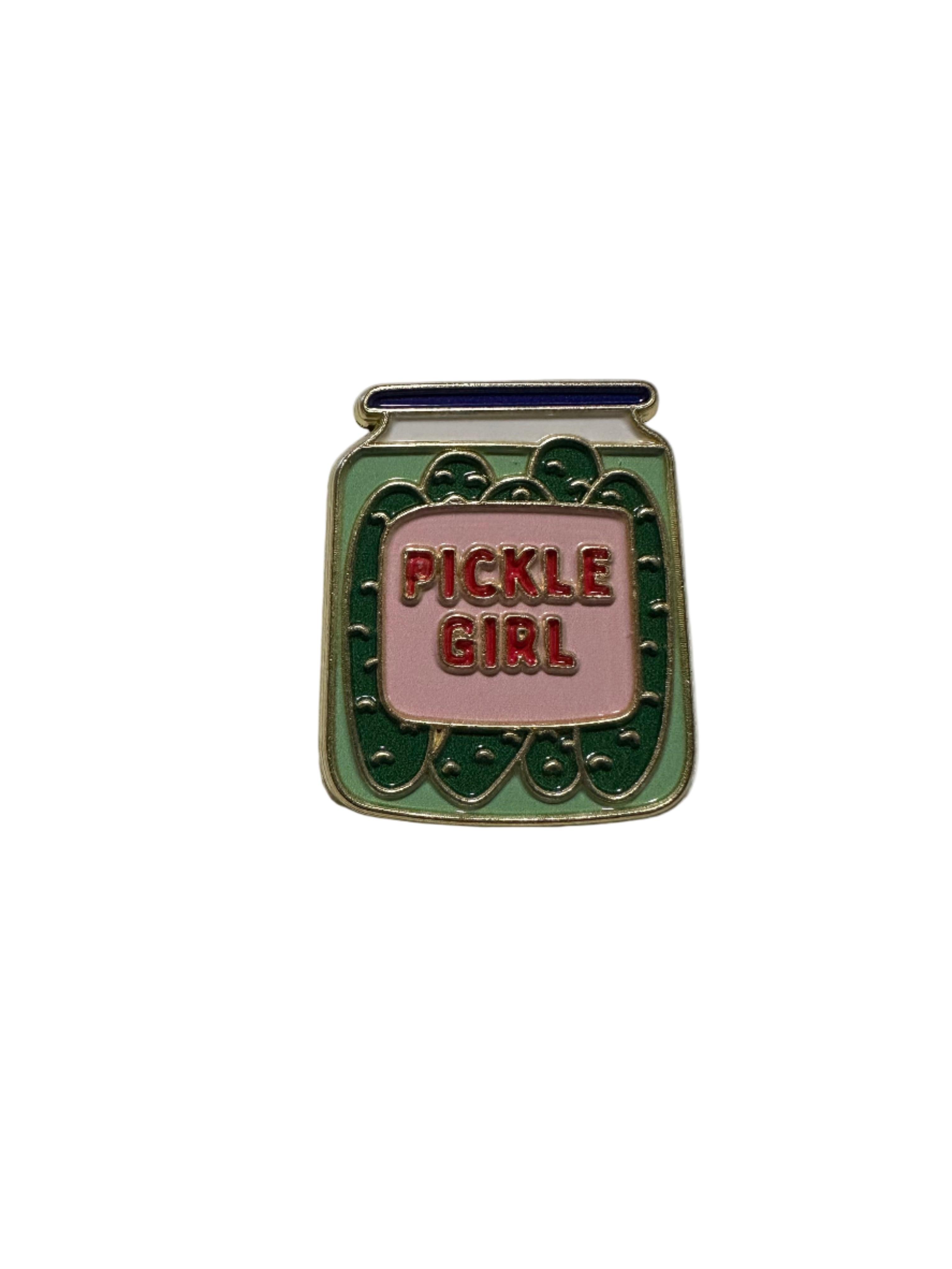 Pin with 'Pickle Girl' text on a jar design against a light background